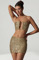 Embellished Cut-Out Crop Top in Gold