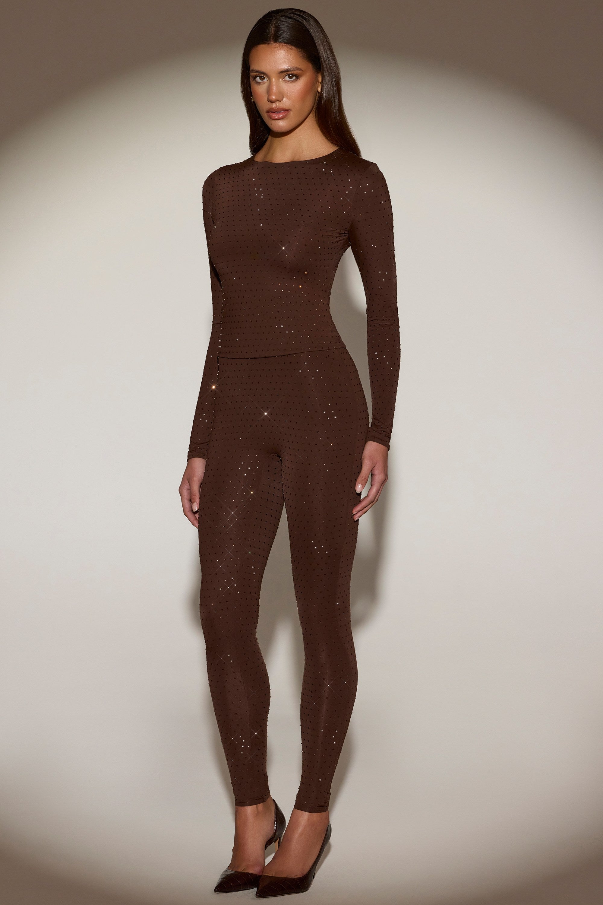 Embellished Crew-Neck Long-Sleeve Top in Chocolate Brown