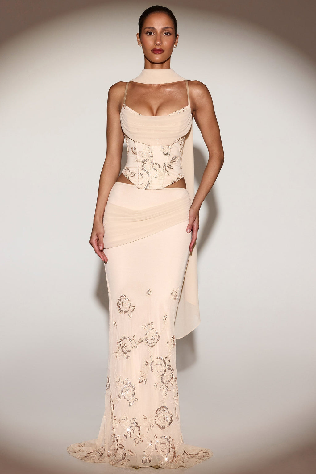 Embellished Lace-Up Corset Top With Scarf in Gold