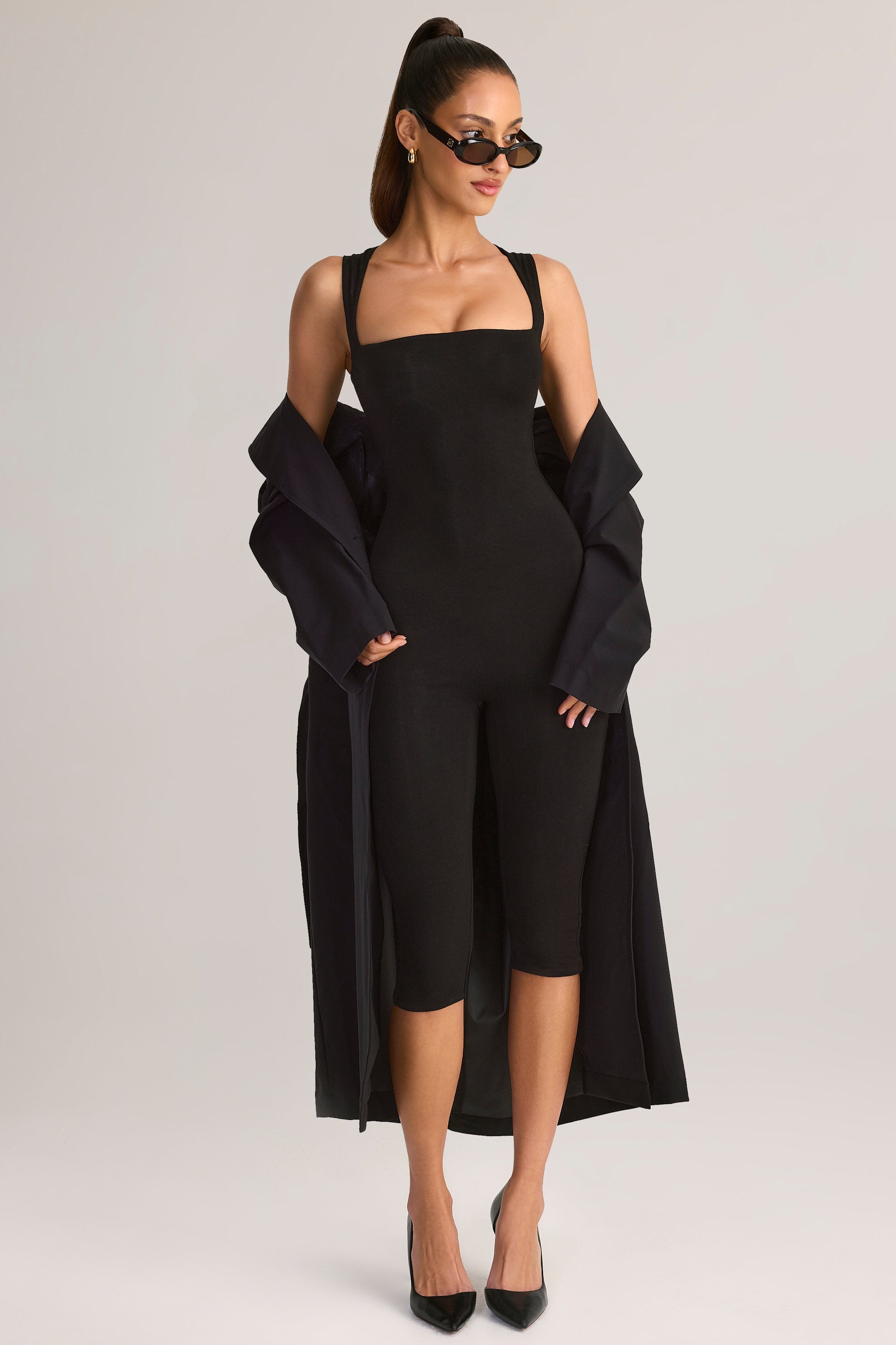 Modal Square-Neck Bodycon Capri Jumpsuit in Black
