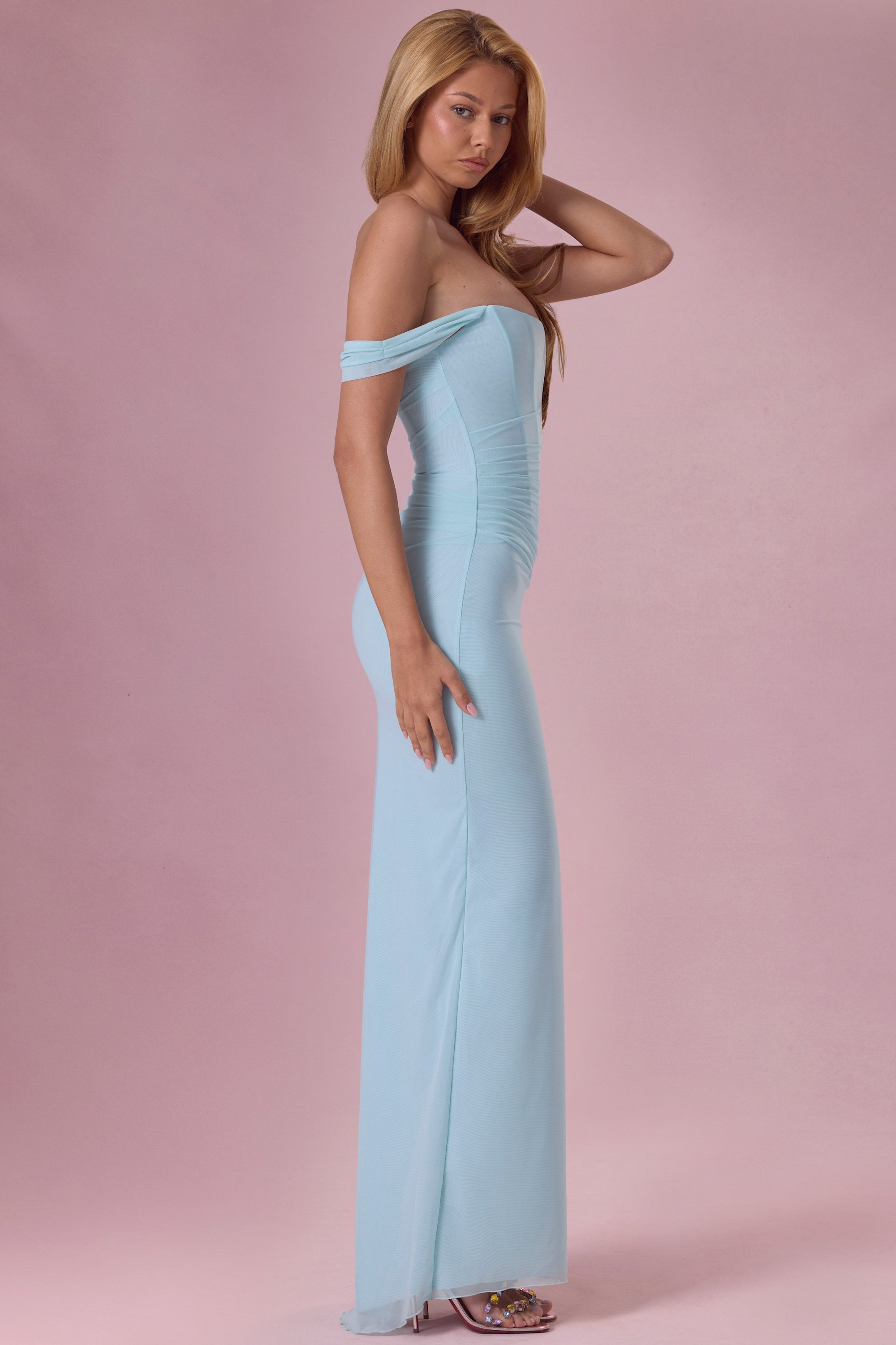 Premium Mesh Draped Corset Gown in Light Aqua