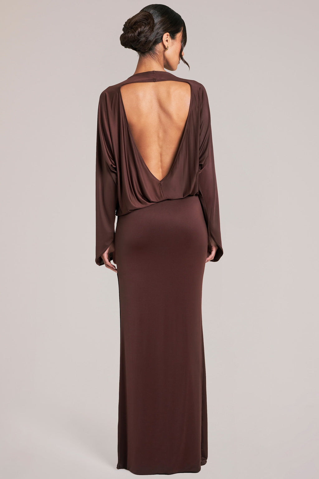 Long-Sleeve Draped Maxi Dress in Chocolate Brown