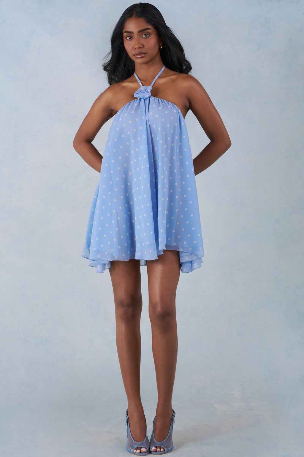 Halterneck Babydoll Mini Dress in Blue Polka Dot Print