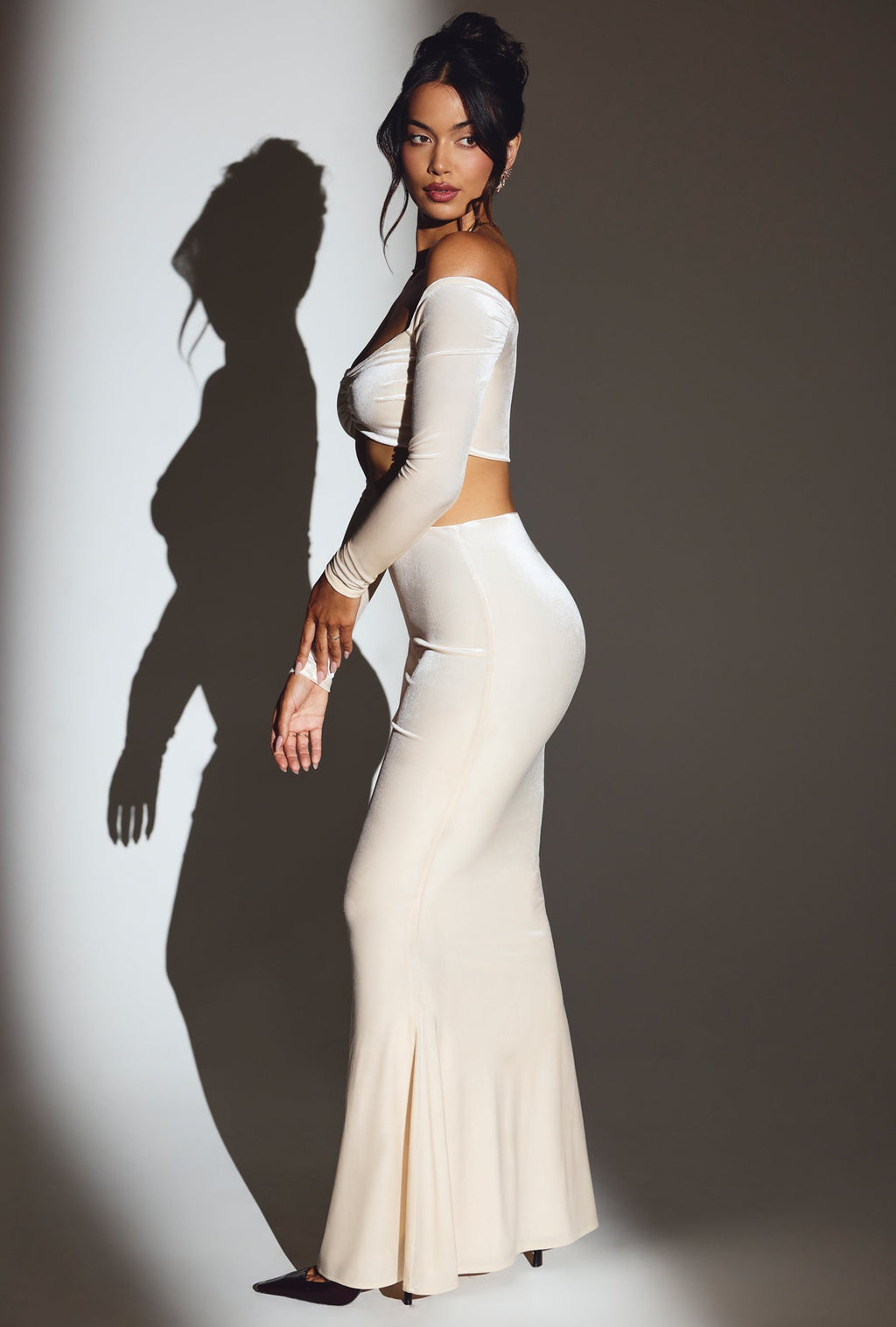 Velvet Off-Shoulder Ruched Crop Top in Ivory