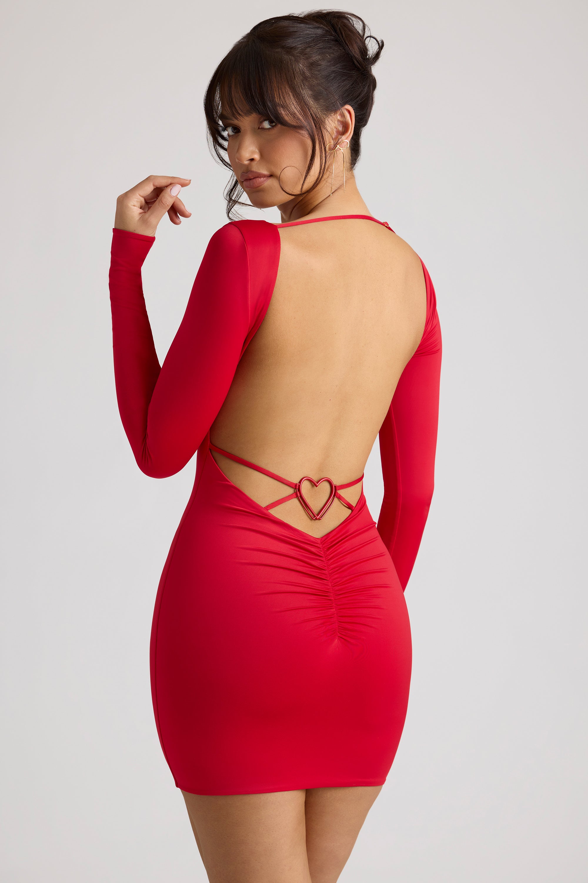 Long Sleeve Sweetheart Neckline Mini Dress in Fire Red