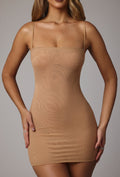 Soft Sheer-Mesh Bandeau Mini Slip Dress in Almond