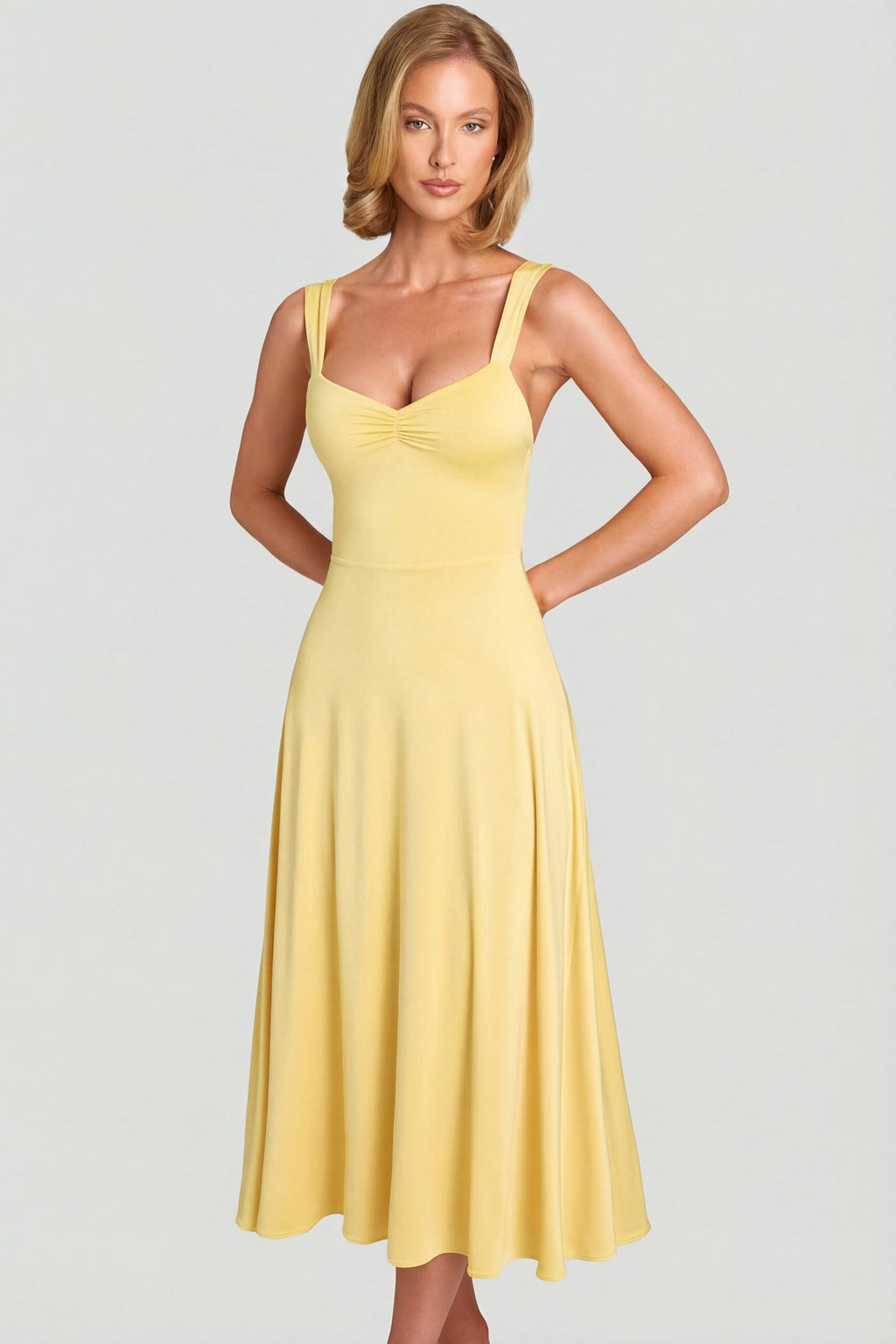 Sweetheart-Neck Ruched Midaxi Dress in Pastel Yellow
