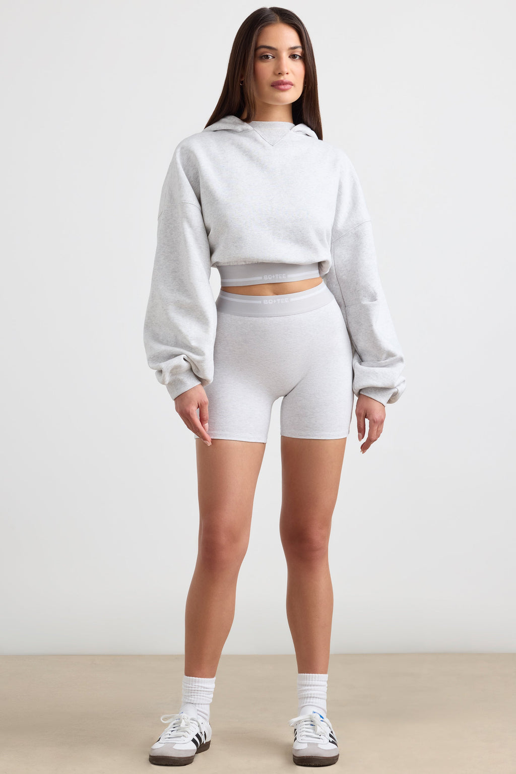 Stretch Cotton Fleece Cropped Hoodie in Grey Marl