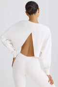 Textured Cotton Jersey Open-Back Cropped Sweatshirt in White