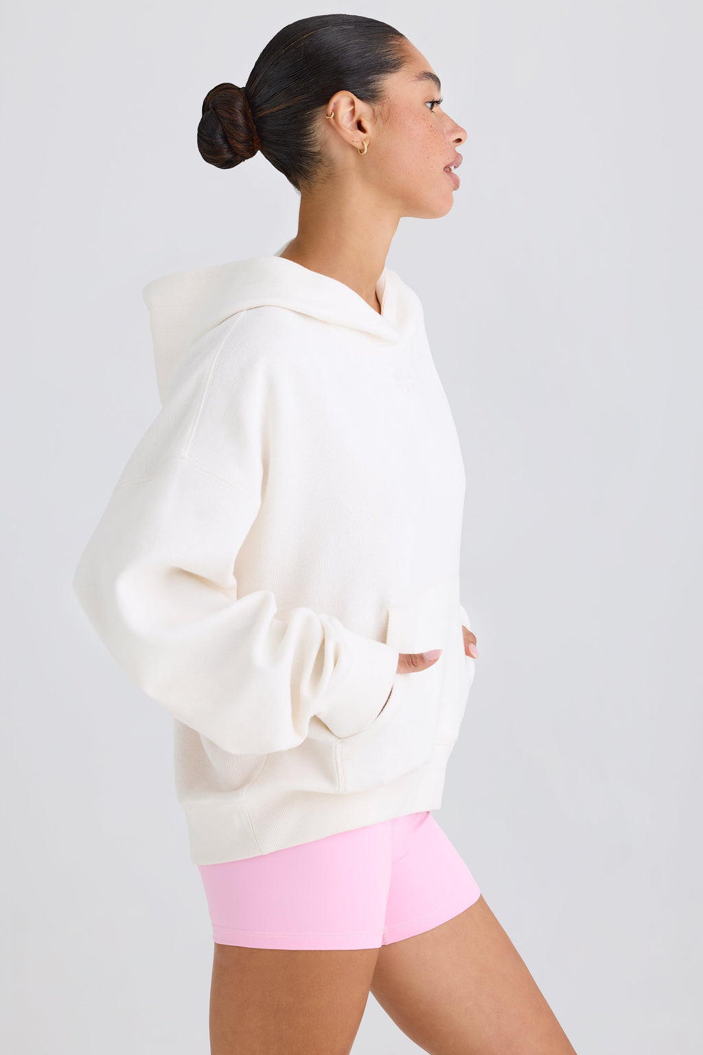 Textured Cotton Jersey Graphic Print Hoodie in White