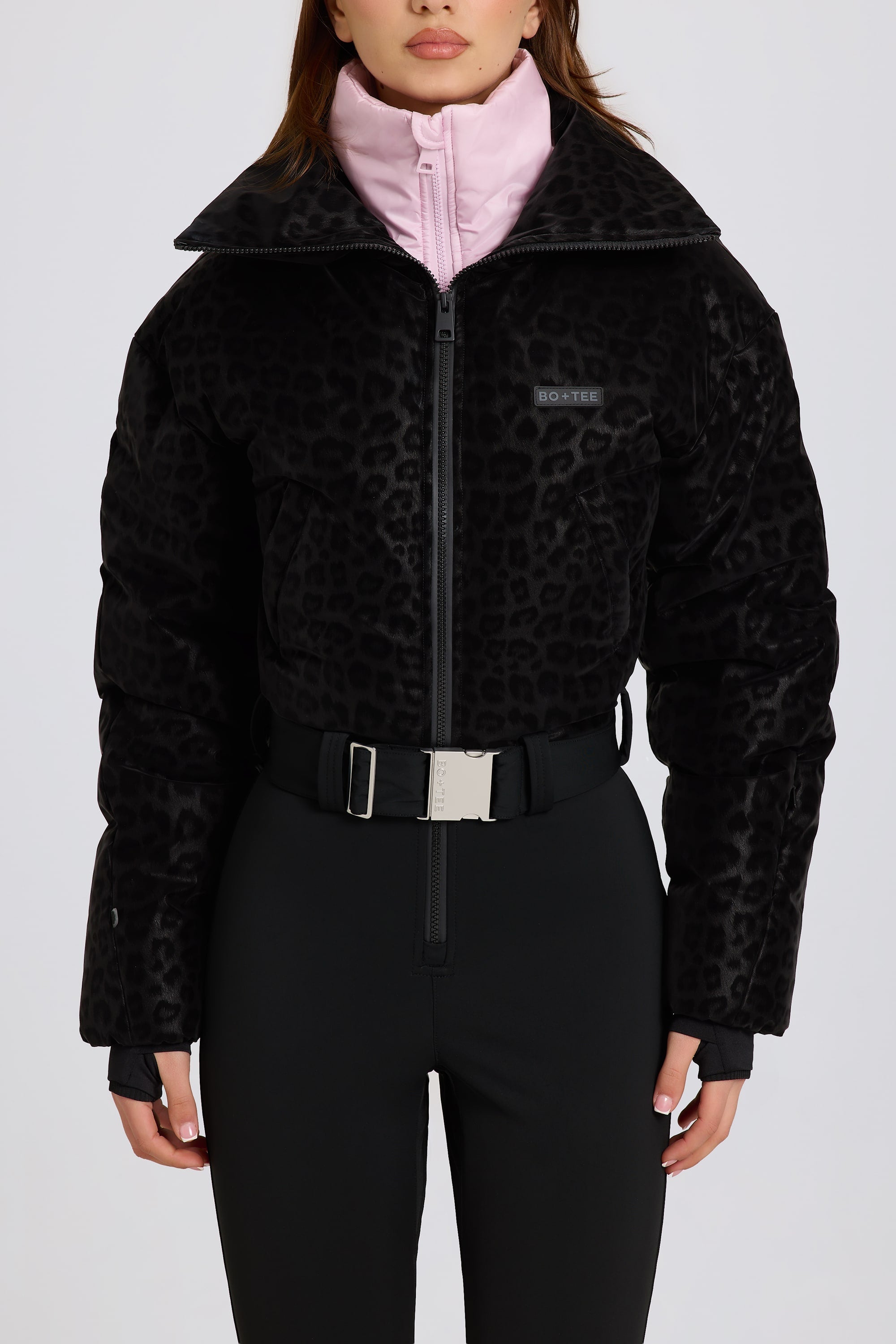 Waterproof Belted Layered Ski Suit in Black Leopard