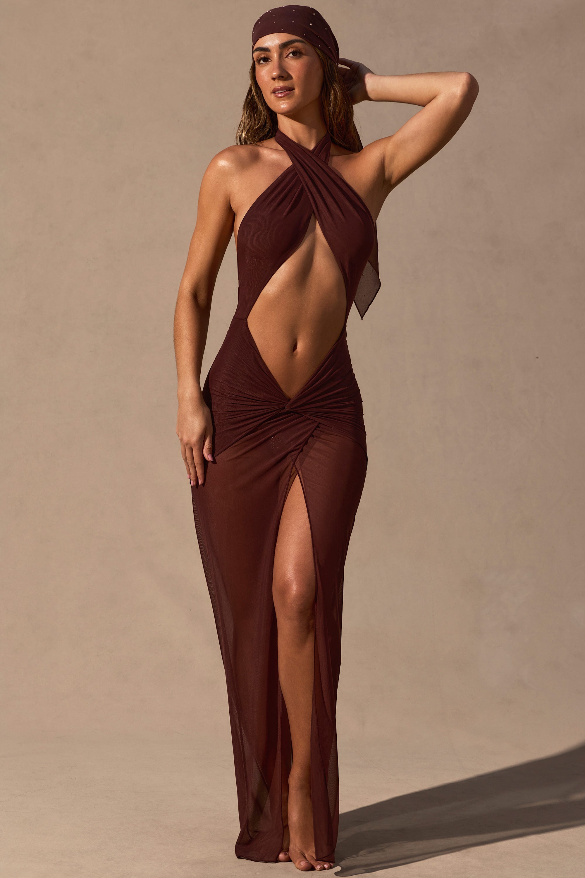 Cut-Out Halterneck Maxi Dress in Espresso Brown