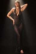 Embellished Semi-Sheer Halterneck Gown in Black