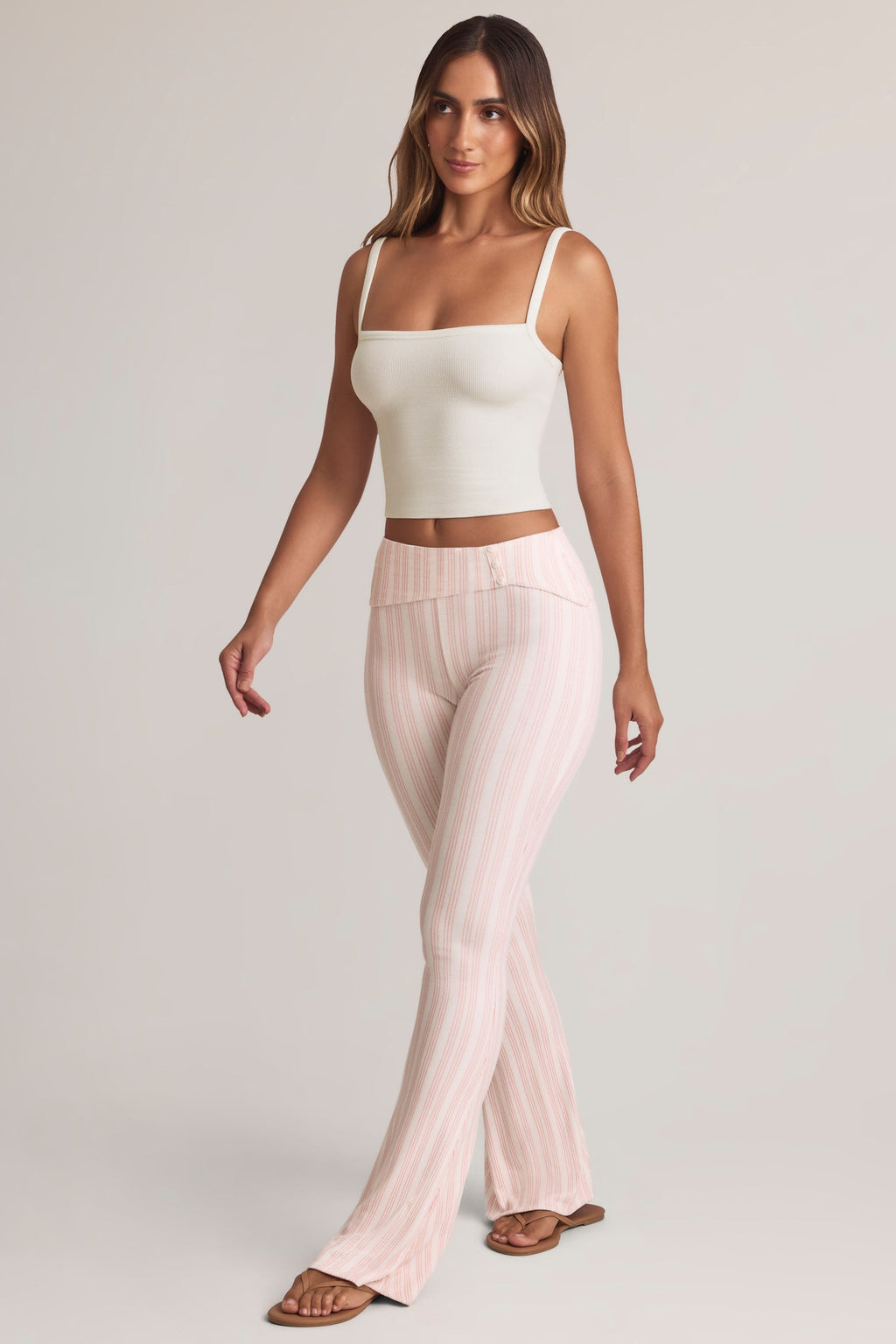 Modal Foldover Mid-Rise Flared Trousers in Stripe Print