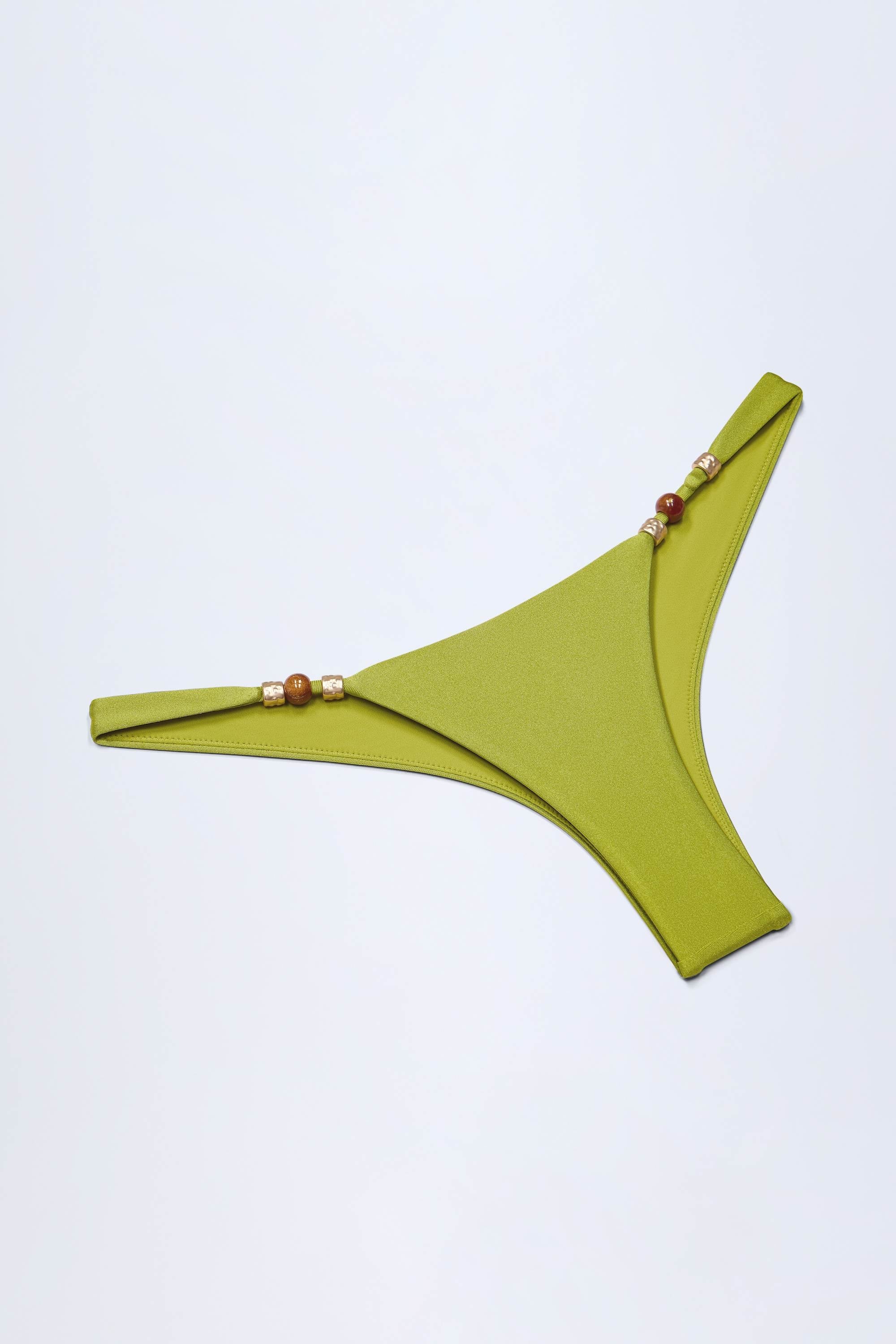 Bead-Embellished Cheeky Bikini Bottoms in Olive Green