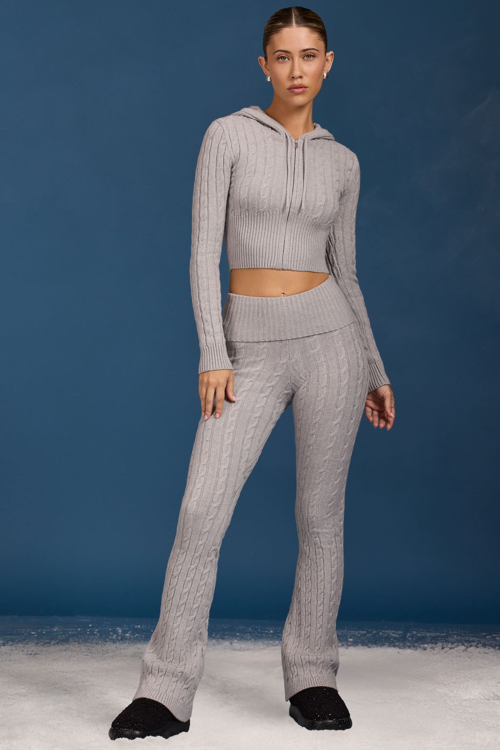 Cable Knit Zip-Up Hoodie in Grey Marl