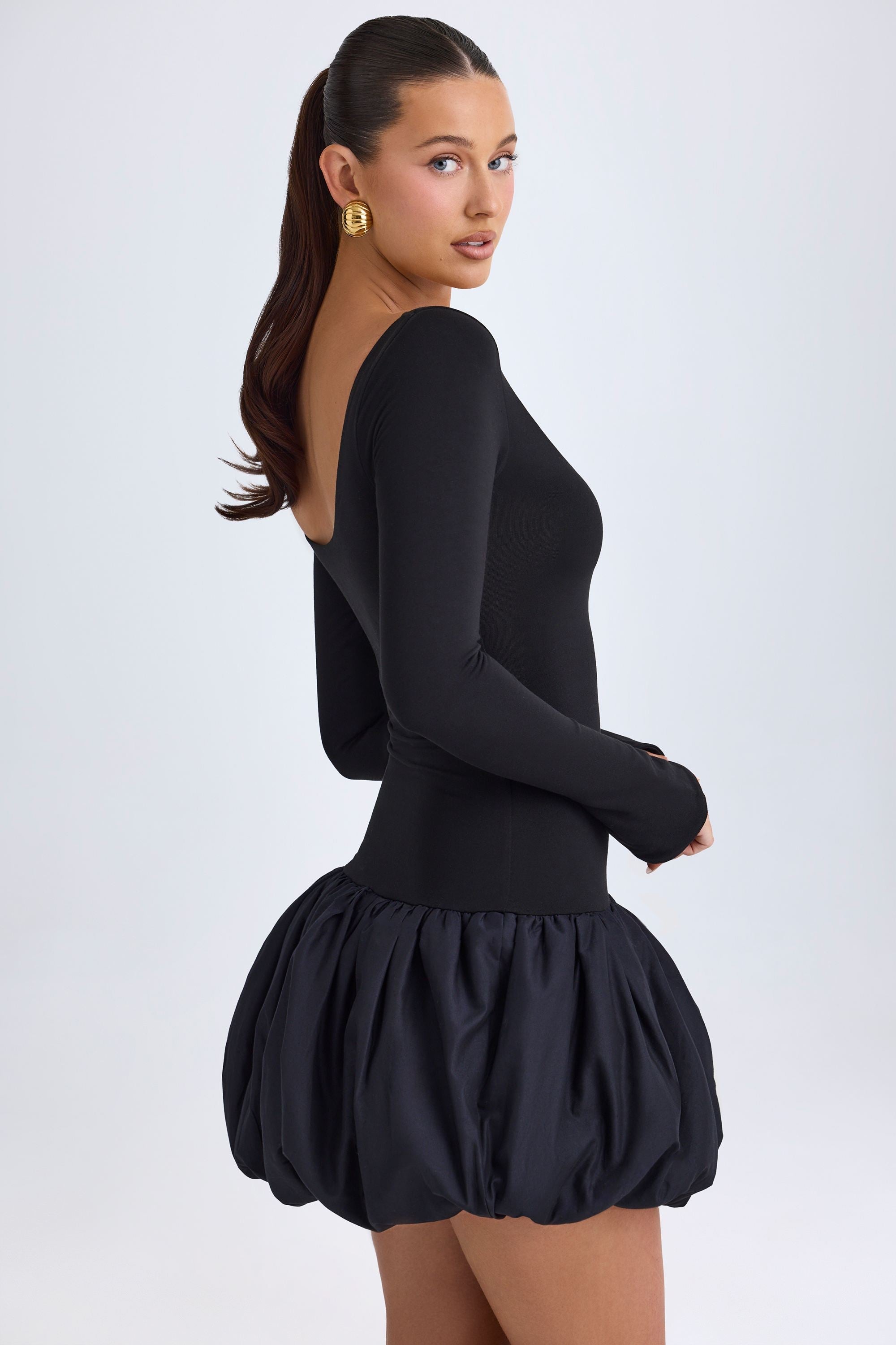 Modal Scoop-Neck Drop-Waist Bubble Hem Mini Dress in Black