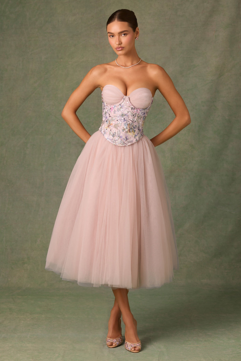 Embellished Lace-Up Cupless Corset in Floral Pink