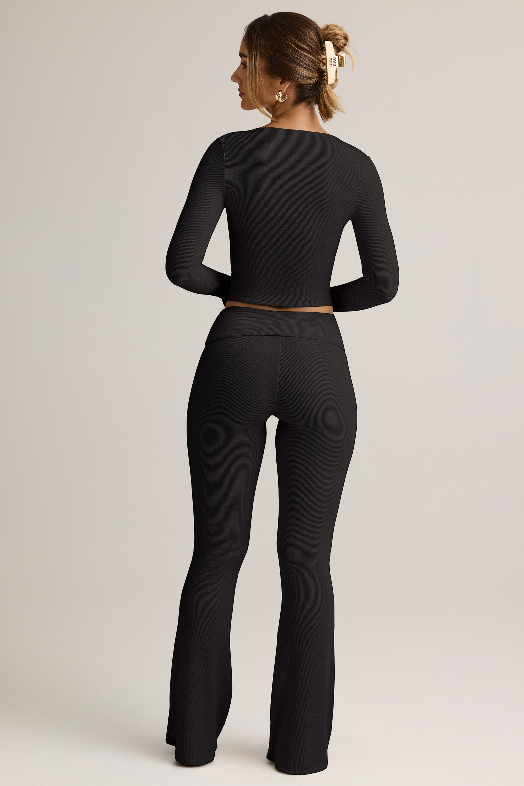 Modal Ribbed Foldover Flared Trousers in Black