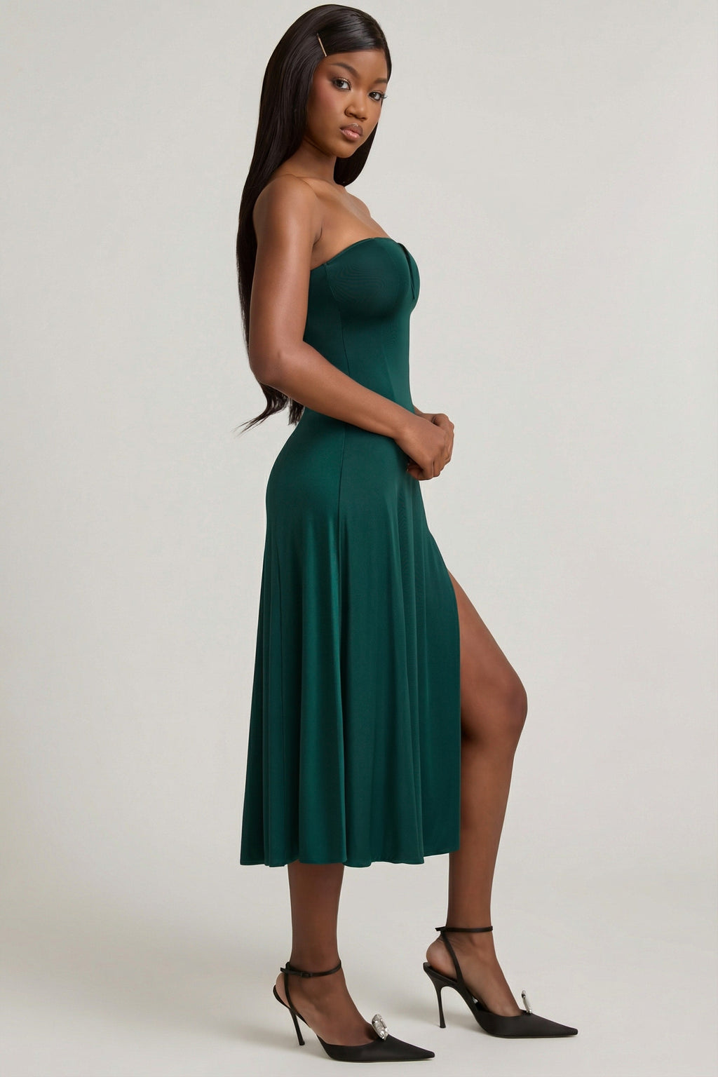 Slinky Jersey Strapless A-Line Midaxi Dress in Emerald Green