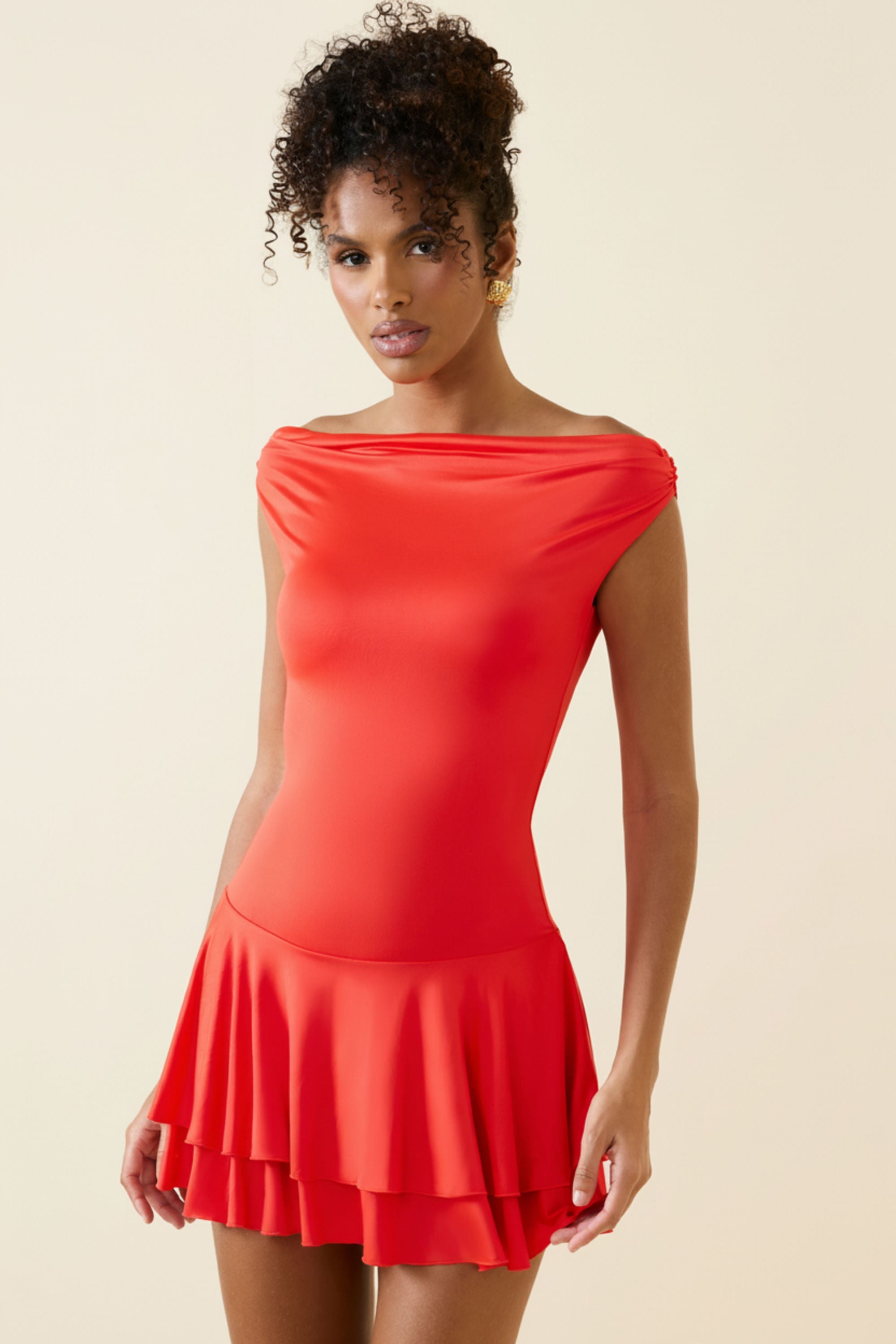 Off-Shoulder Ruffled Mini Dress in Scarlet