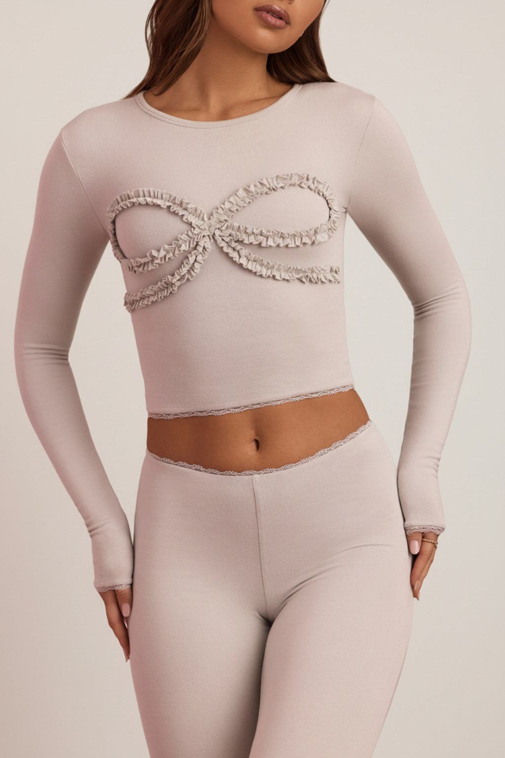 Modal Lace-Trim Appliqué Pyjama Top in Cloud Grey
