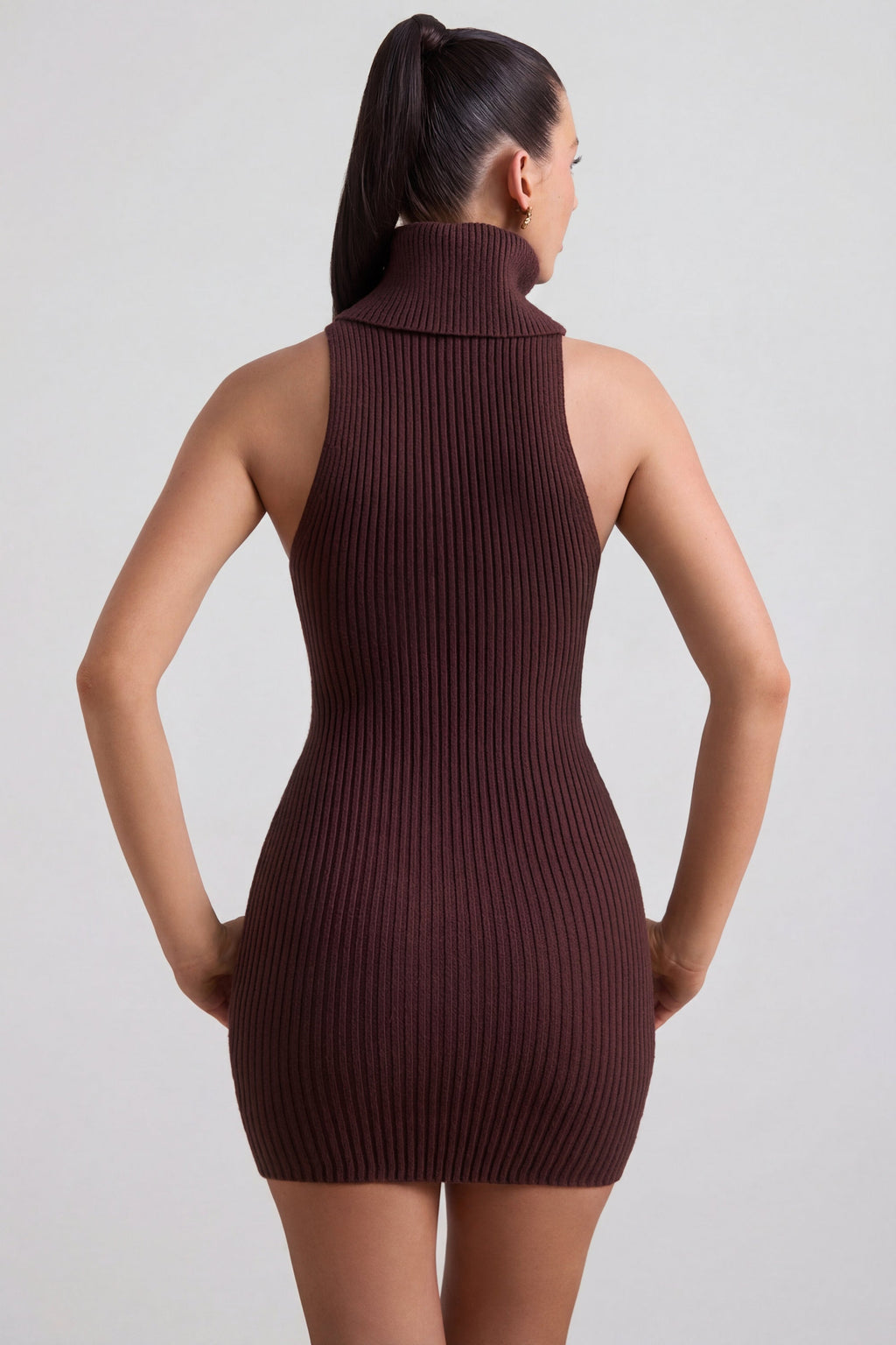 Ribbed-Knit Turtleneck Mini Dress in Espresso