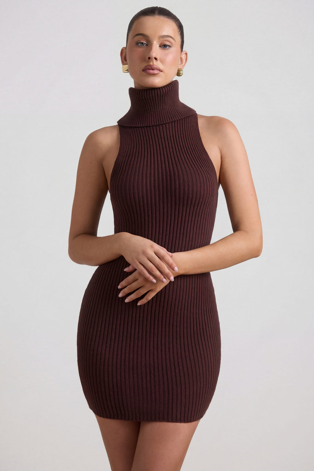 Ribbed-Knit Turtleneck Mini Dress in Espresso