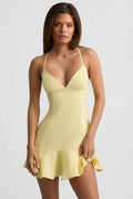 Drop-Waist Lace-Up Mini Dress in Yellow