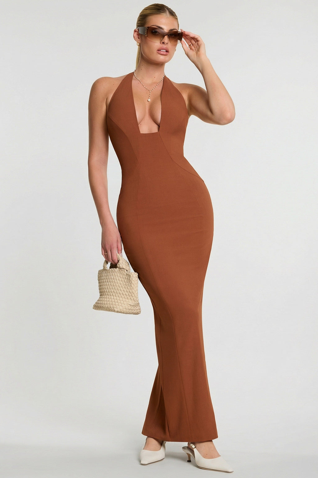 Woven Twill Halter Neck Plunge Maxi Dress in Chestnut Brown