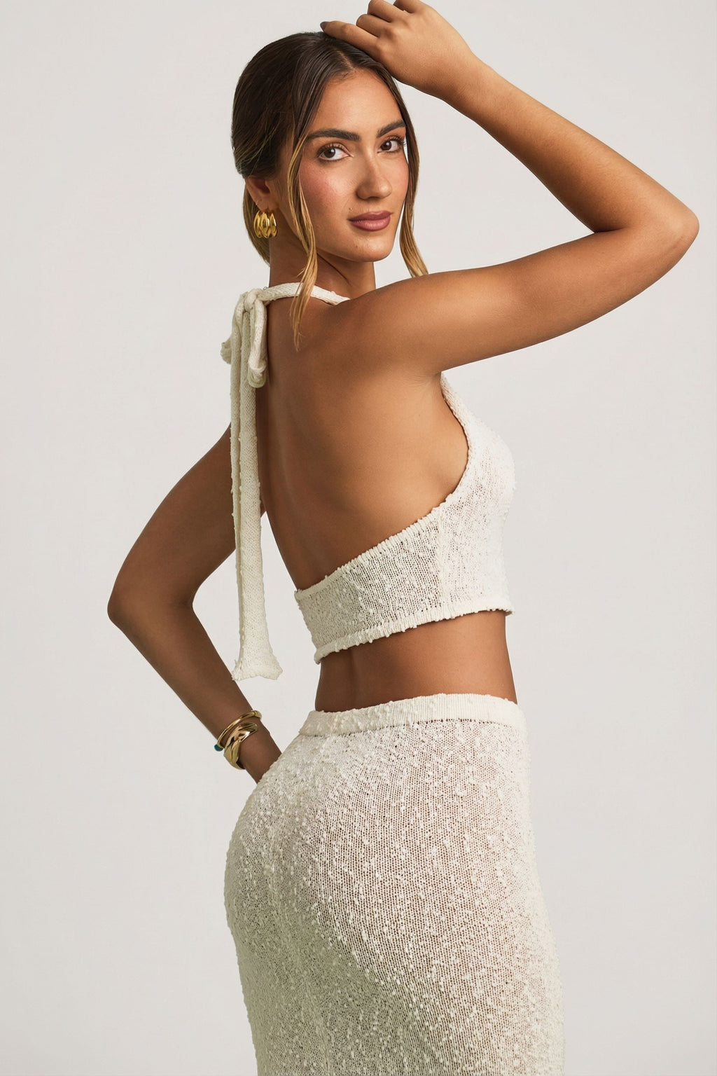 Bouclé Halterneck Crop Top in White