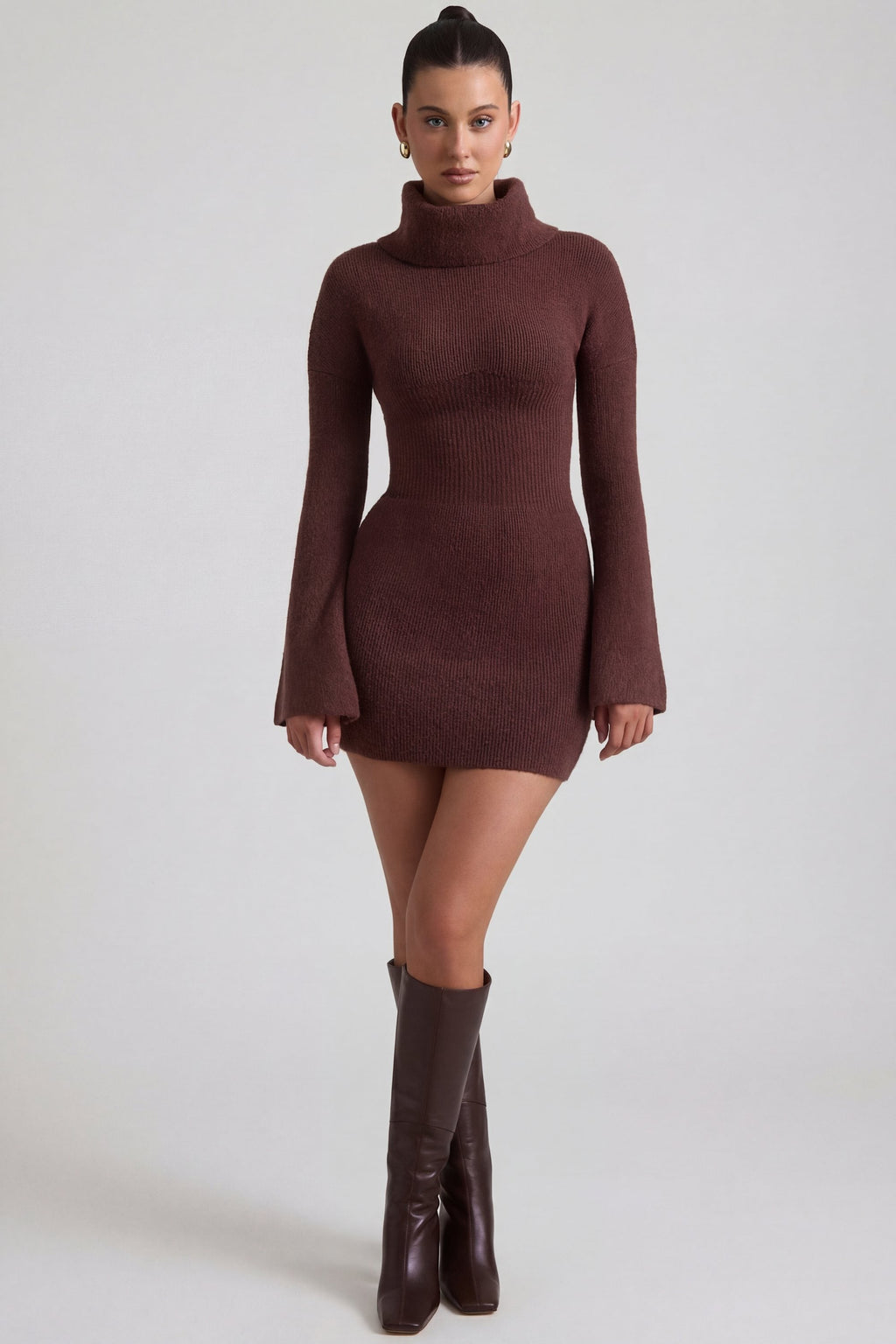 Ribbed-Knit Turtleneck Mini Jumper Dress in Espresso