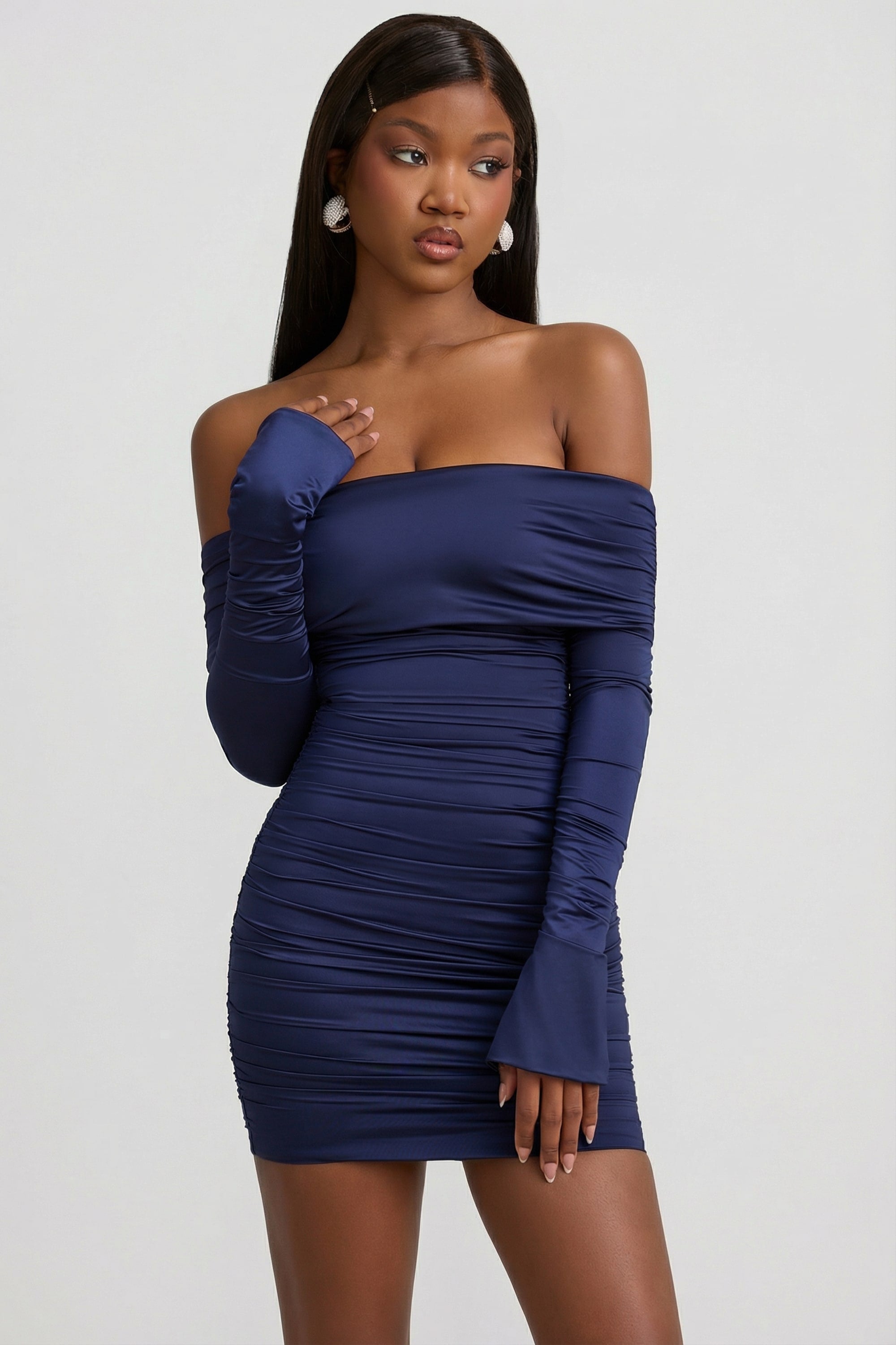 Bow-Detail Off-Shoulder Mini Dress in True Navy