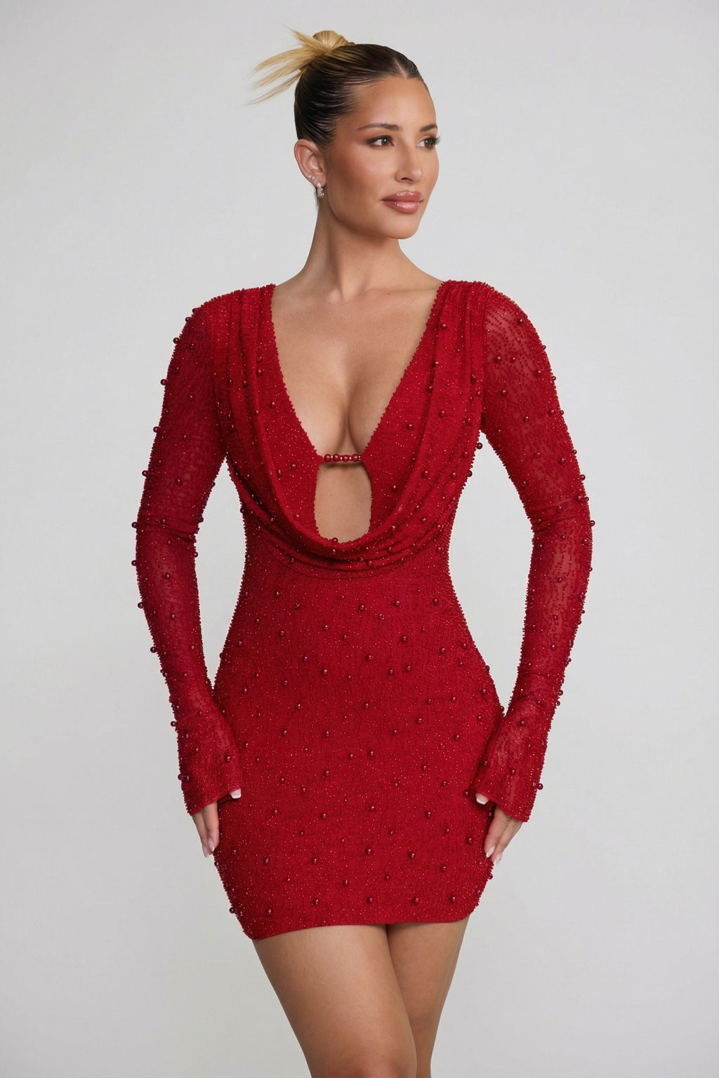 Long Sleeve Deep Plunge Mini Dress in Red