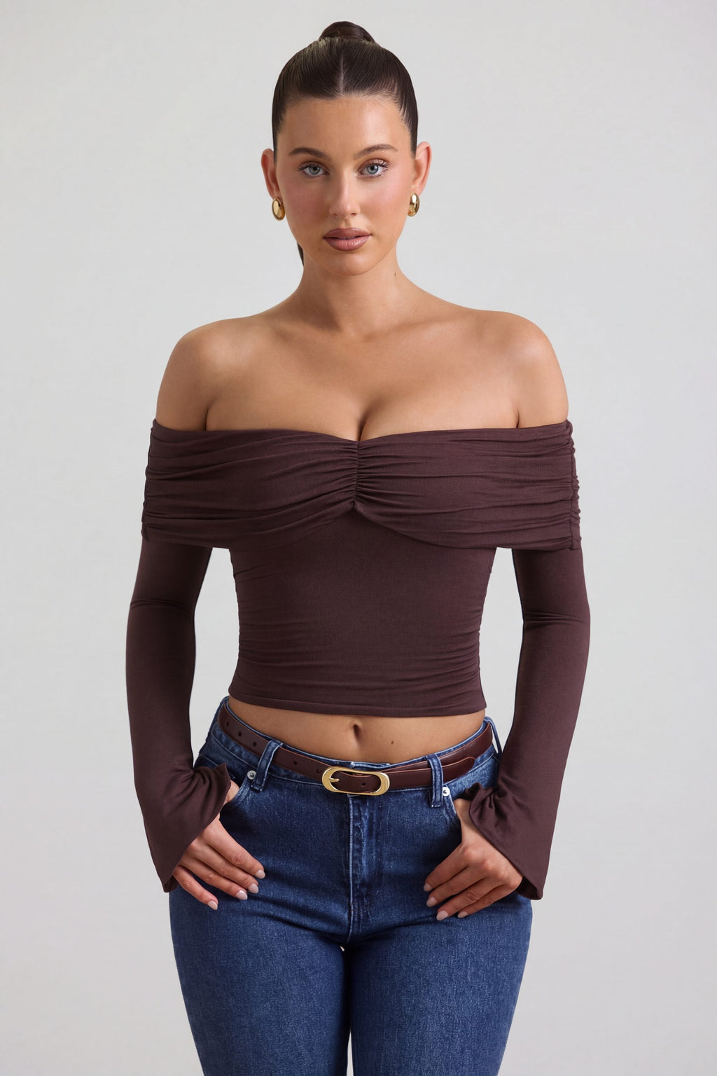 Modal-Cashmere Blend Off-Shoulder Ruched Top in Espresso