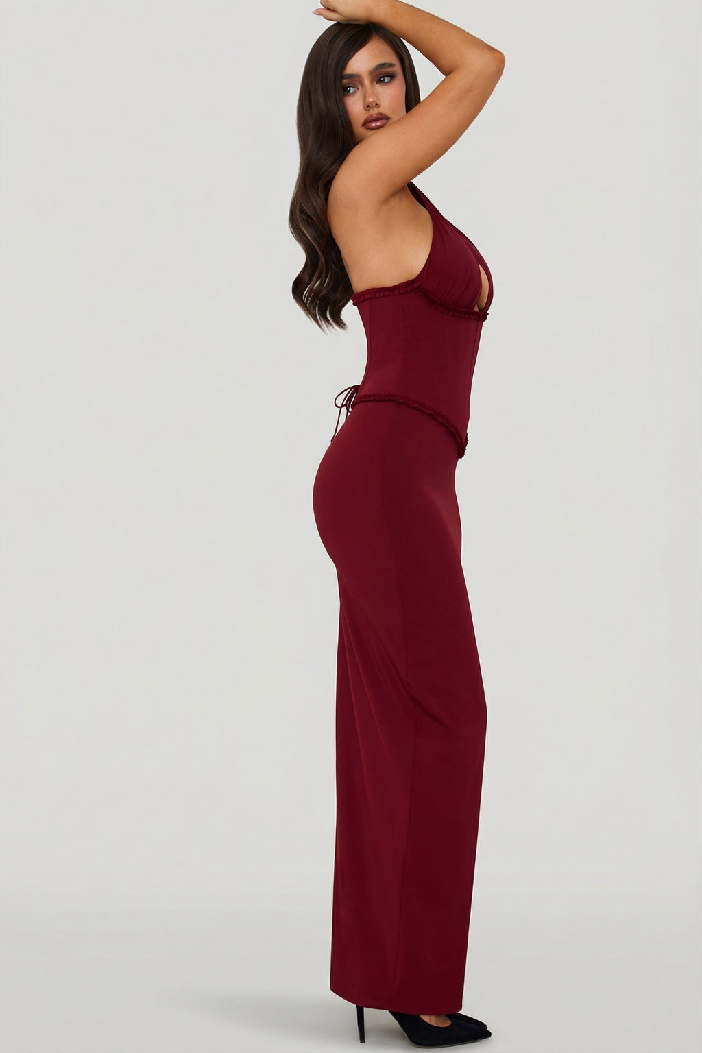 Halterneck Lace-Up Corset Maxi Dress in Berry Red
