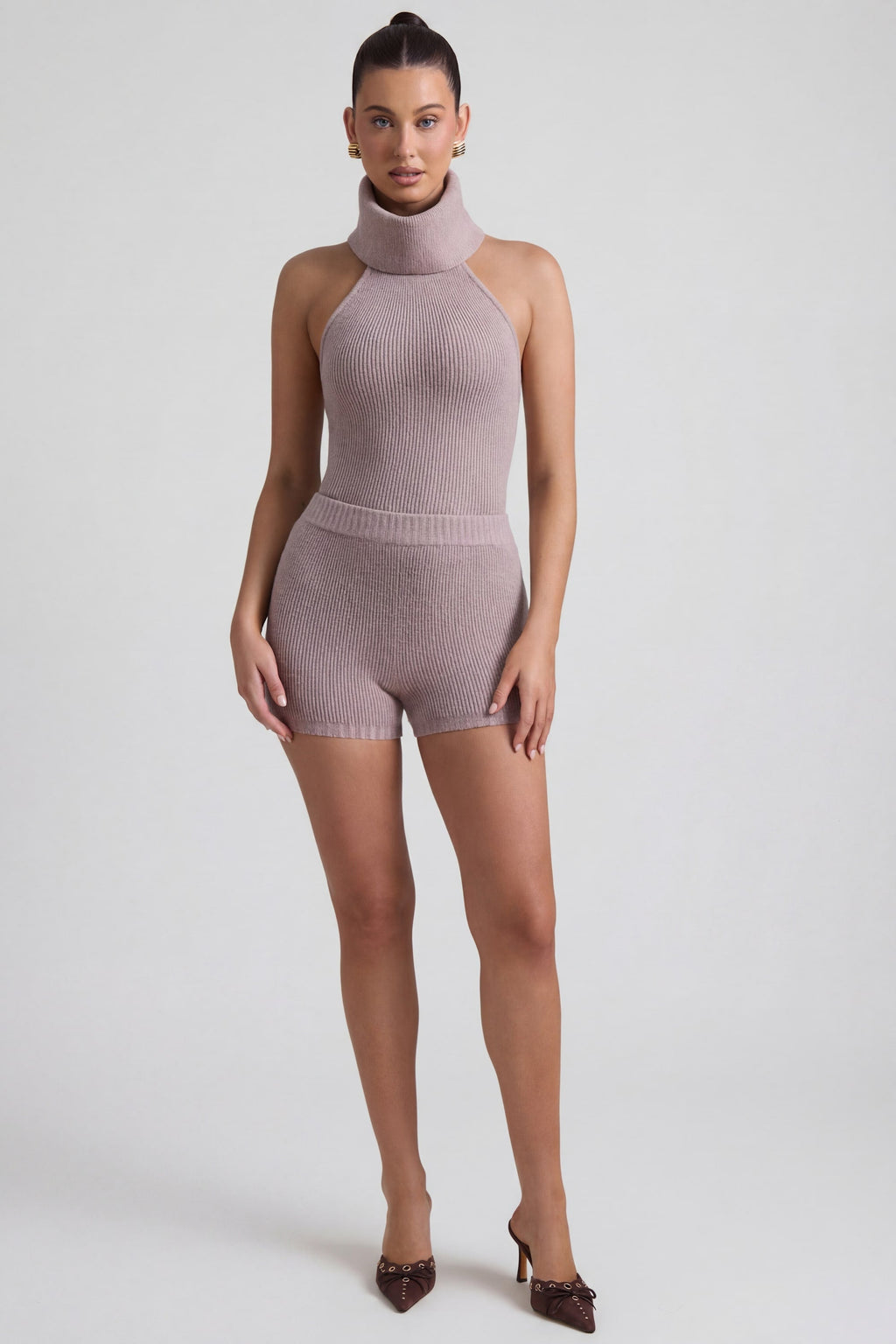 Ribbed-Knit Shorts in Taupe