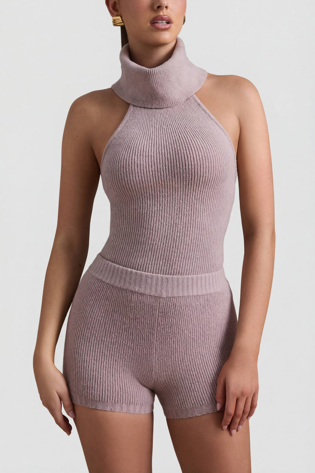 Ribbed-Knit Shorts in Taupe