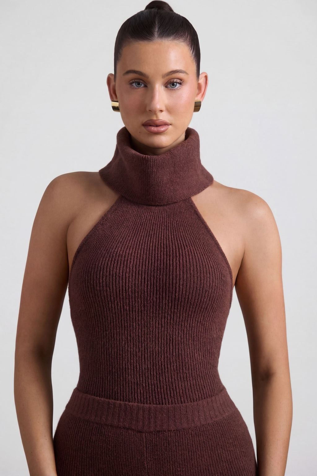 Ribbed-Knit Turtleneck Backless Top in Espresso
