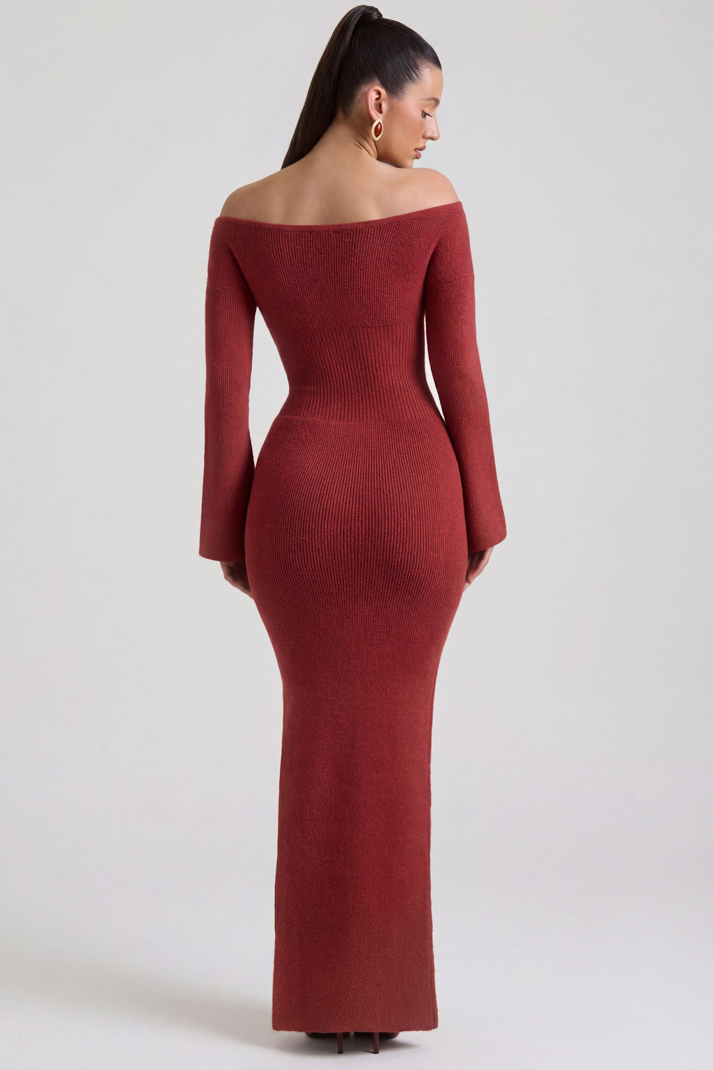 Ribbed-Knit Off-Shoulder Maxi Dress in Brick Red
