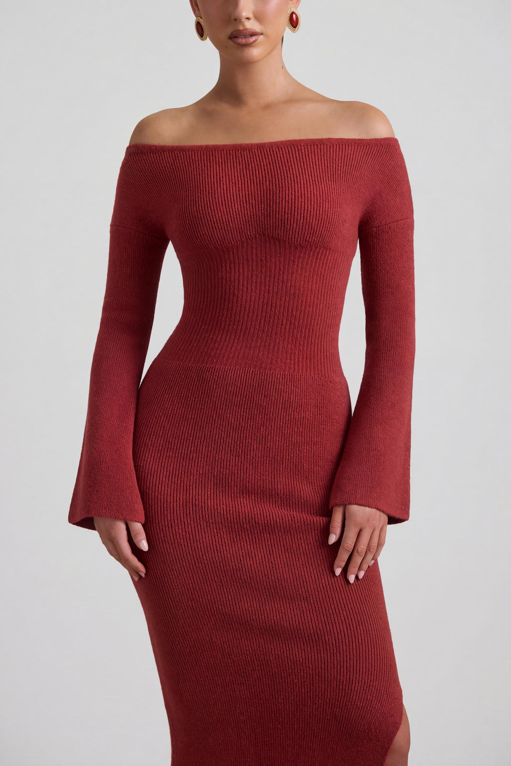 Ribbed-Knit Off-Shoulder Maxi Dress in Brick Red