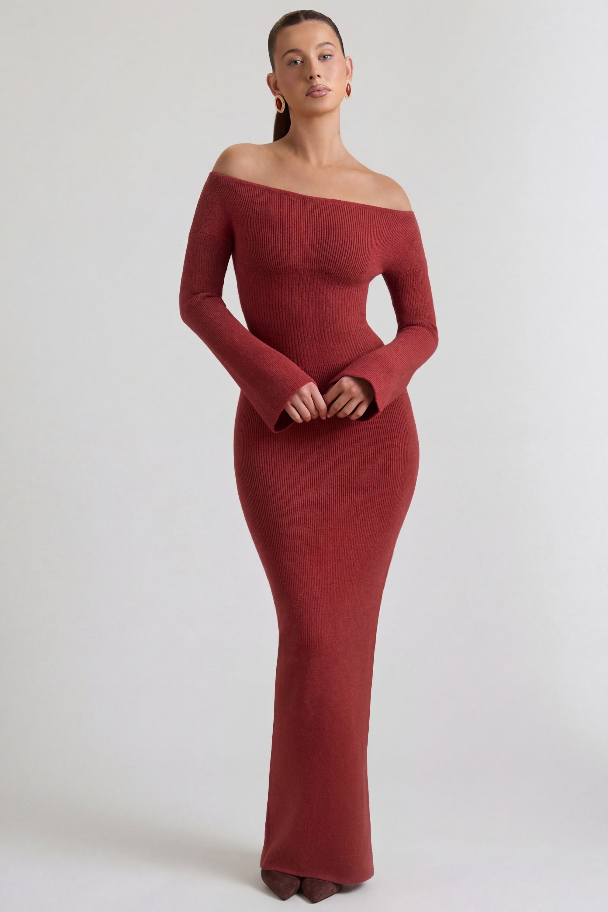 Ribbed-Knit Off-Shoulder Maxi Dress in Brick Red