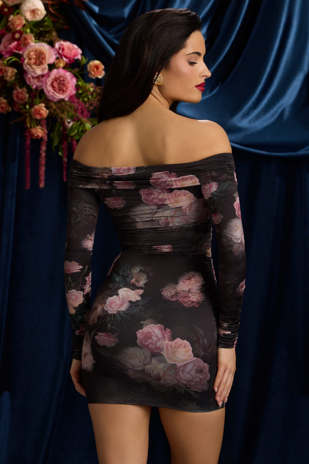 Off-Shoulder Ruched Bodycon Mini Dress in Black Floral Print